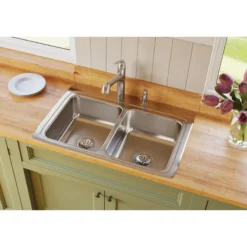 Elkay Lustertone Classic 33" Stainless Steel Kitchen Sink, 50/50 Double Bowl, 18 Gauge, Lustrous Satin, 4 Faucet Hole, LR33224