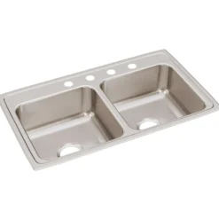 Elkay Lustertone Classic 33" Stainless Steel Kitchen Sink, 50/50 Double Bowl, 18 Gauge, Lustrous Satin, 4 Faucet Hole, LR33194