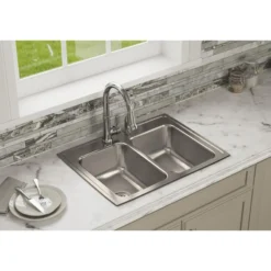 Elkay Lustertone Classic 29" Stainless Steel Kitchen Sink, 50/50 Double Bowl, 18 Gauge, Lustrous Satin, 2 Faucet Hole, LR29222