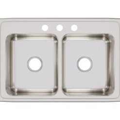 Elkay Lustertone Classic 33" Stainless Steel Kitchen Sink, 50/50 Double Bowl, 18 Gauge, Lustrous Satin, 3 Faucet Hole, LR33223