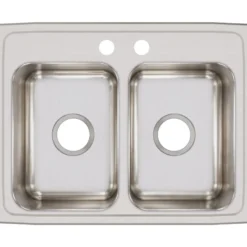 Elkay Lustertone Classic 25" Stainless Steel Kitchen Sink, 50/50 Double Bowl, 18 Gauge, Lustrous Satin, 2 Faucet Hole, LR25192