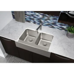 Elkay Lustertone Classic 33" Stainless Steel Farmhouse Kitchen Sink, 50/50 Double Bowl, 18 Gauge, Lustrous Satin, ELUHF3320