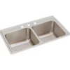Elkay Lustertone 33" Stainless Steel Kitchen Sink, 50/50 Double Bowl, 18 Gauge, Lustrous Satin, 3 Faucet Hole, DLR3319103