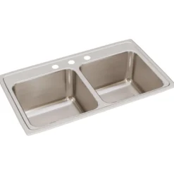 Elkay Lustertone 33" Stainless Steel Kitchen Sink, 50/50 Double Bowl, 18 Gauge, Lustrous Satin, 3 Faucet Hole, DLR3319103