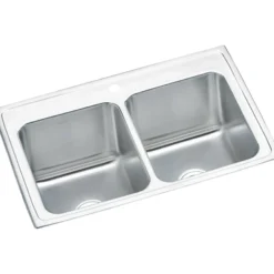 Elkay Lustertone 33" Stainless Steel Kitchen Sink, 50/50 Double Bowl, 18 Gauge, Lustrous Satin, 1 Faucet Hole, DLR3322101