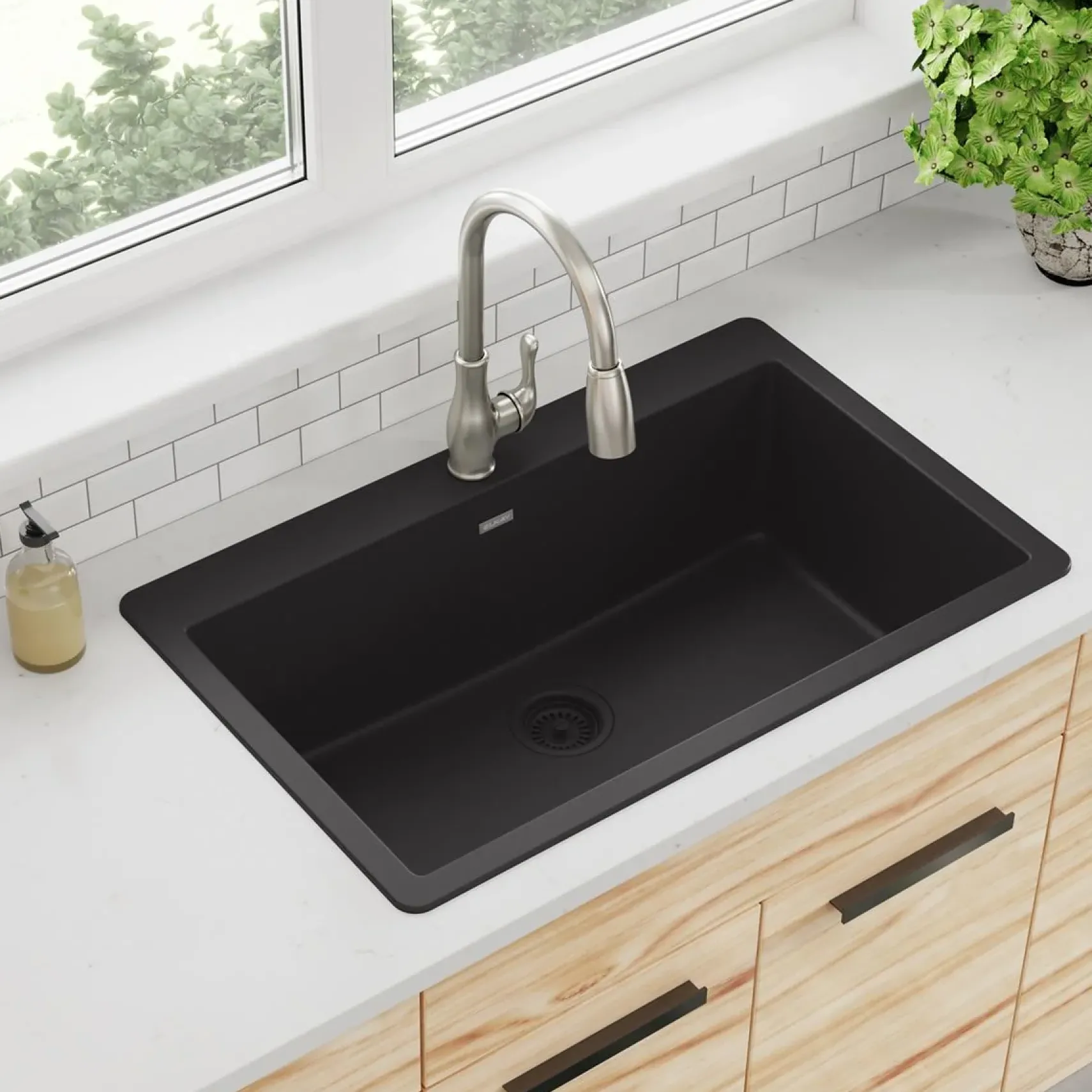 Elkay Quartz Classic 33" Drop In/Topmount Quartz Kitchen Sink, Black, 5 Pre-scored Faucet Holes, ELGR13322BK0