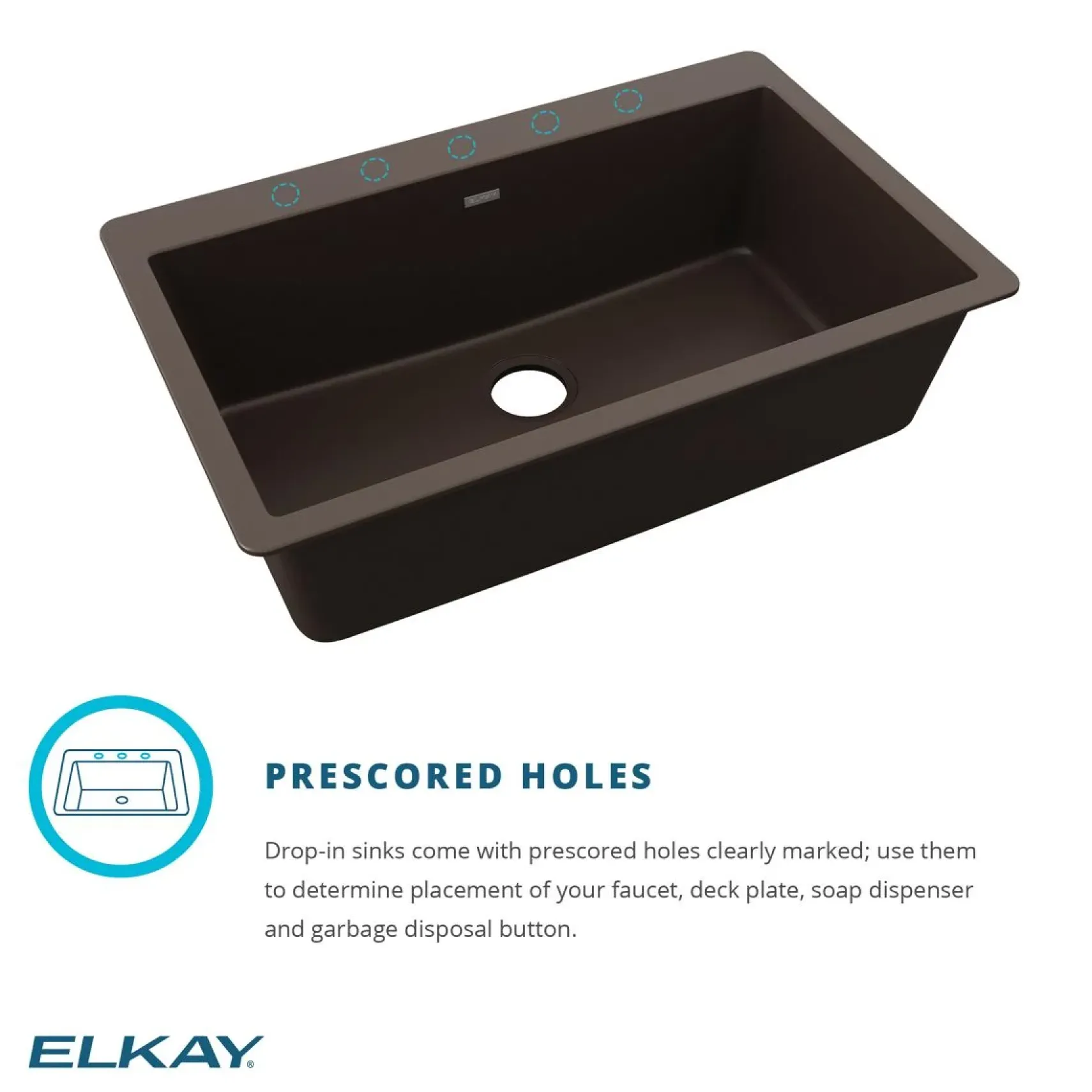 Elkay Quartz Classic 33" Drop In/Topmount Quartz Kitchen Sink, Black, 5 Pre-scored Faucet Holes, ELGR13322BK0