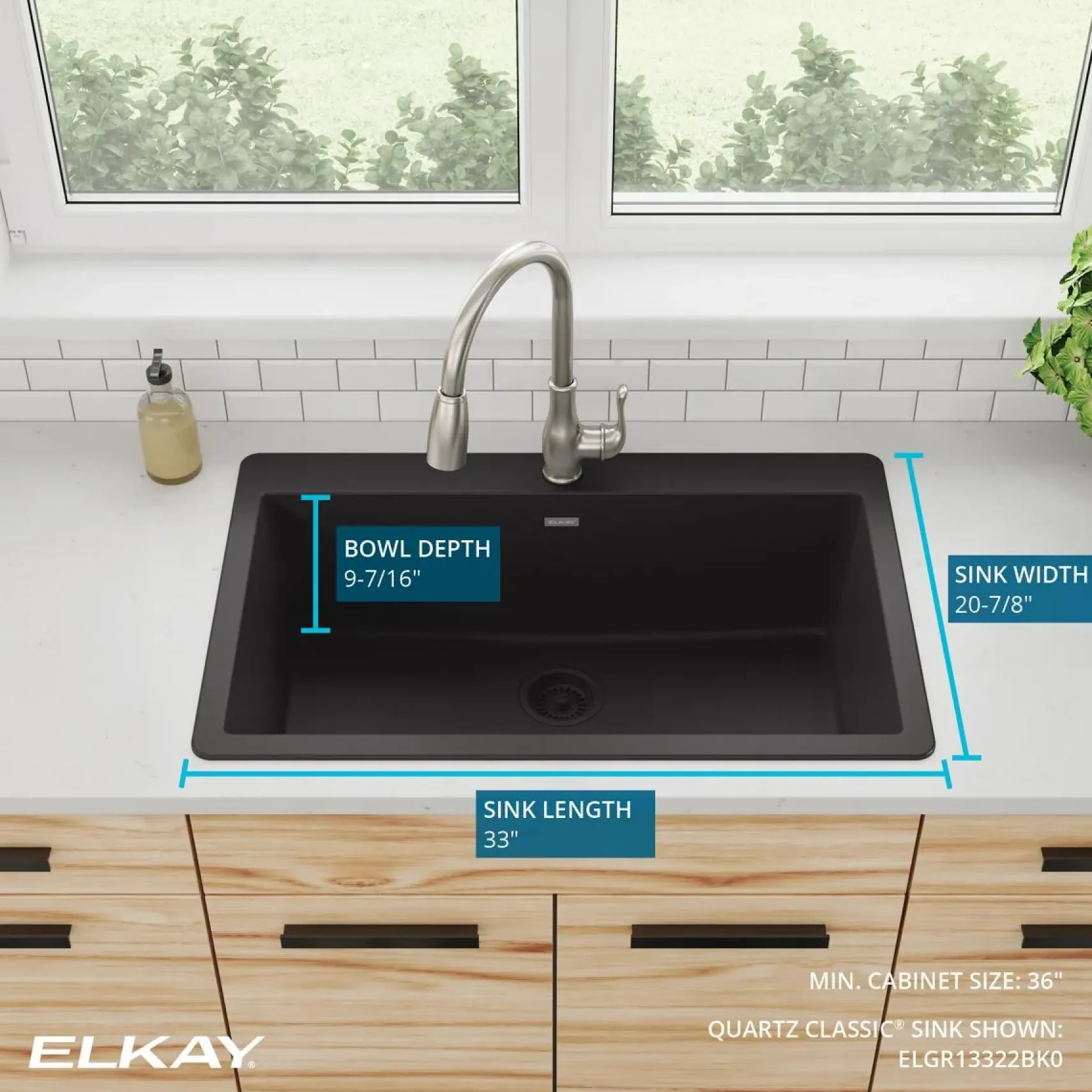 Elkay Quartz Classic 33" Drop In/Topmount Quartz Kitchen Sink, Black, 5 Pre-scored Faucet Holes, ELGR13322BK0