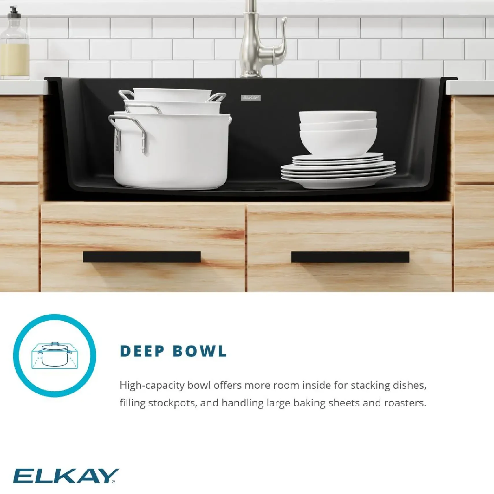 Elkay Quartz Classic 33" Drop In/Topmount Quartz Kitchen Sink, Black, 5 Pre-scored Faucet Holes, ELGR13322BK0