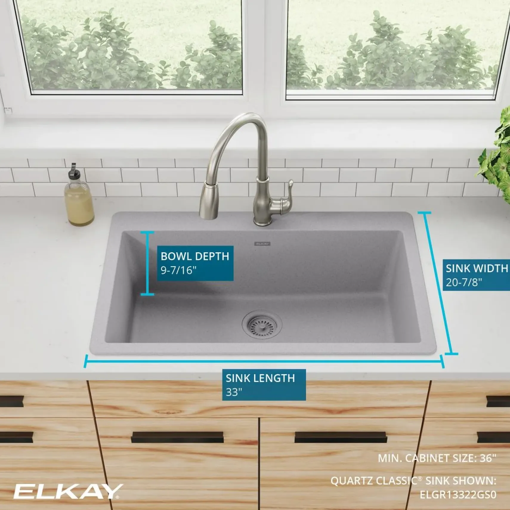 Elkay Quartz Classic 33" Drop In/Topmount Quartz Kitchen Sink, Greystone, 5 Pre-scored Faucet Holes, ELGR13322GS0
