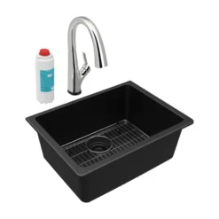 Elkay Quartz Classic 25" Undermount Quartz Kitchen Sink Kit with Faucet, Single Bowl Black, ELGU2522BK0FLC
