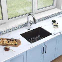 Elkay Quartz Classic 25" Undermount Quartz Kitchen Sink Kit with Faucet, Single Bowl Black, ELGU2522BK0FLC
