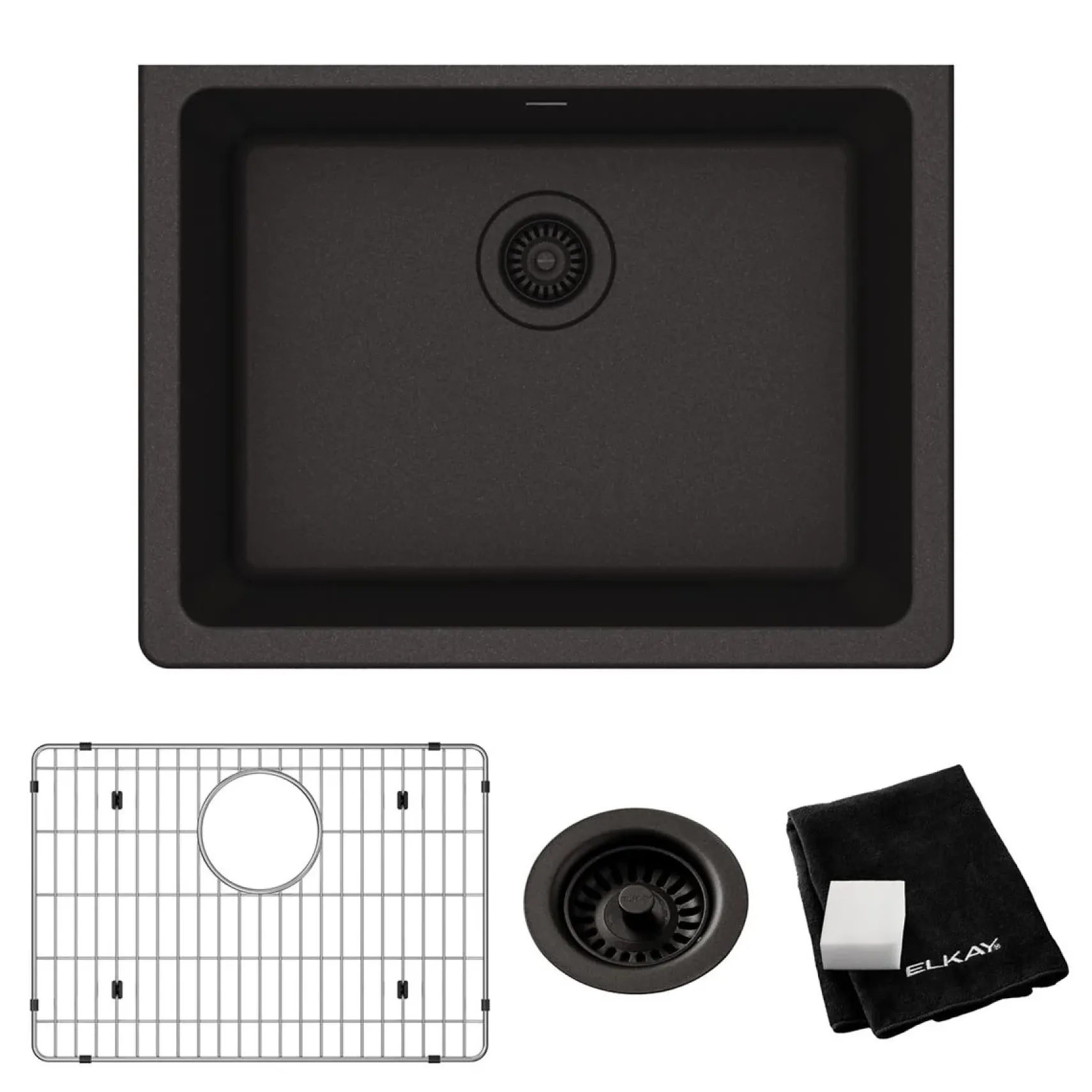 Elkay Quartz Classic 25" Undermount Quartz Kitchen Sink Kit, Black, ELGU2522BK0C