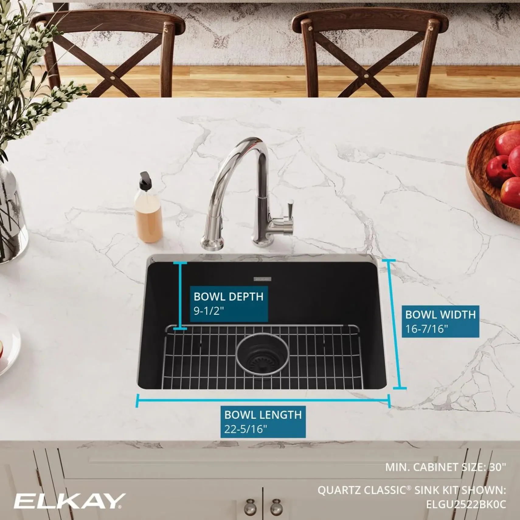 Elkay Quartz Classic 25" Undermount Quartz Kitchen Sink Kit, Black, ELGU2522BK0C