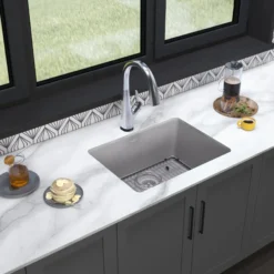 Elkay Quartz Classic 25" Undermount Quartz Kitchen Sink Kit with Faucet, Single Bowl Greystone, ELGU2522GS0FLC