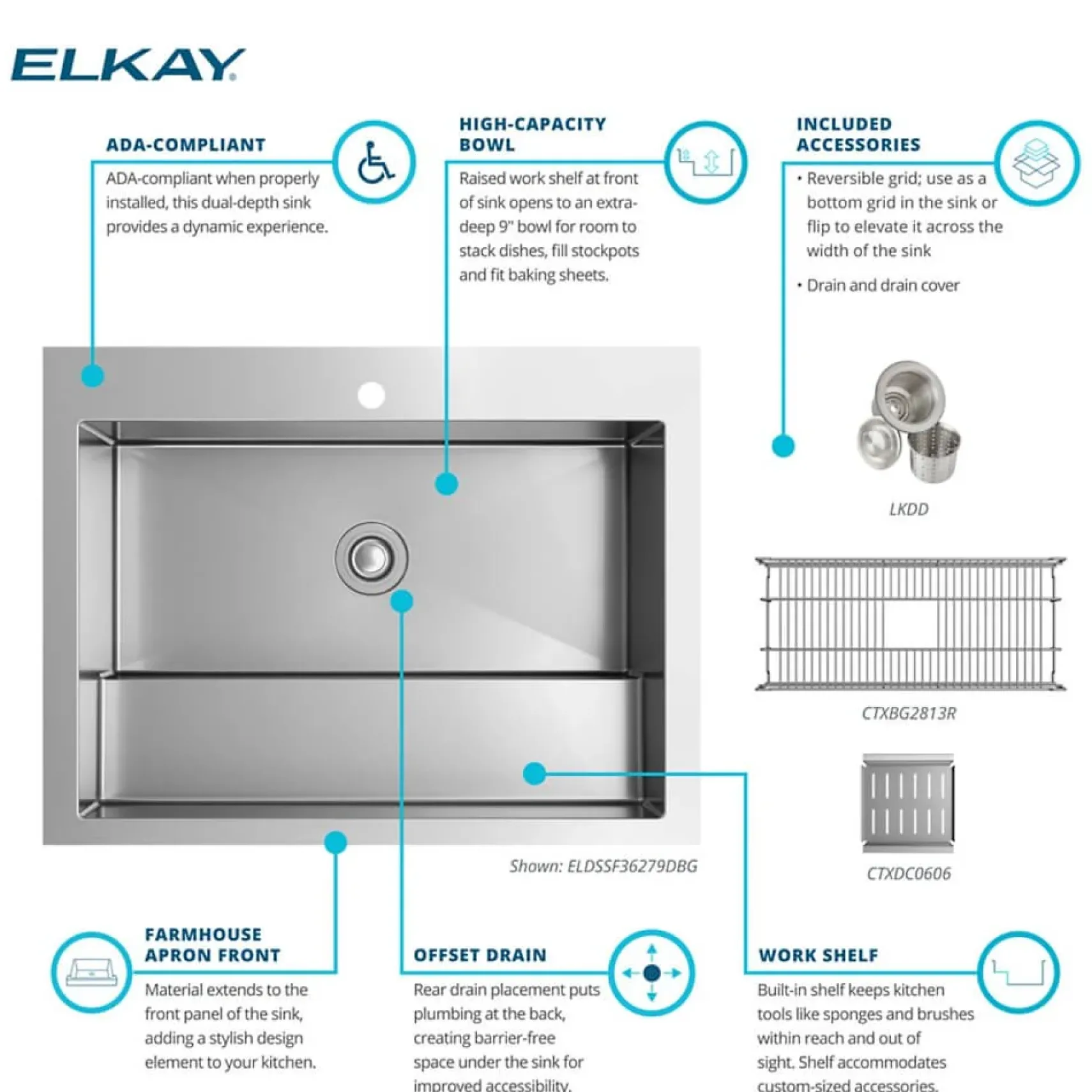 Elkay 36" Stainless Steel ADA Compliant Workstation Farmhouse Sink, Polished Satin, 1 Faucet Hole, ELDSSF36279DBG