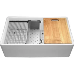 HamatUSA by Houzer Chelsea 33" Apron-Front Split-Level Workstation Single Bowl Fireclay Sink - White, CHE-3320SAW WH-C