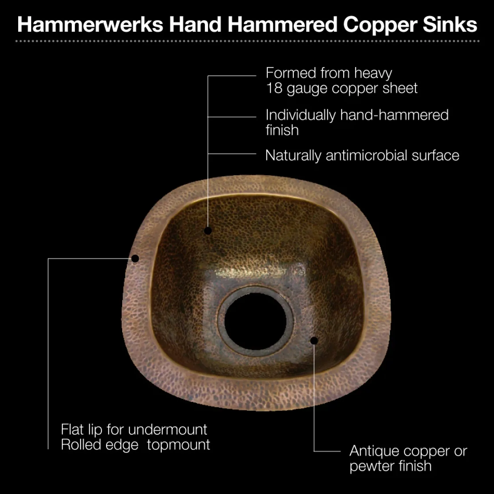 Houzer 13" Copper Flat Lip Hammerwerks Bar/Prep Sink, HW-SCH1BF