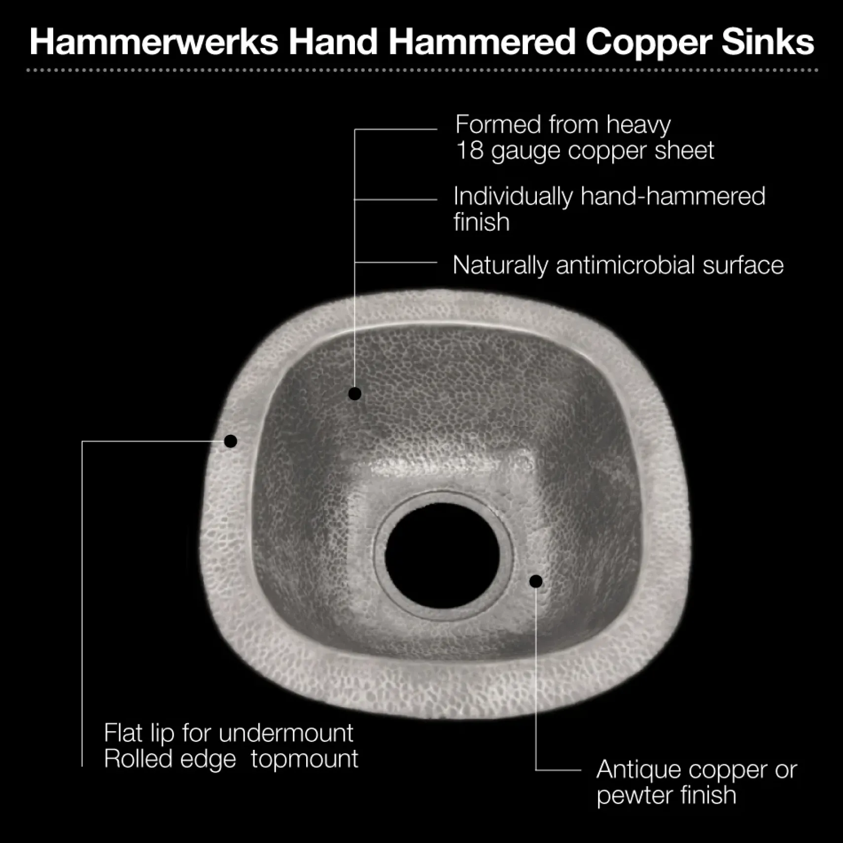 Houzer 18" Copper Flat Lip Hammerwerks Bar/Prep Sink, Pewter, HW-LAG2BF