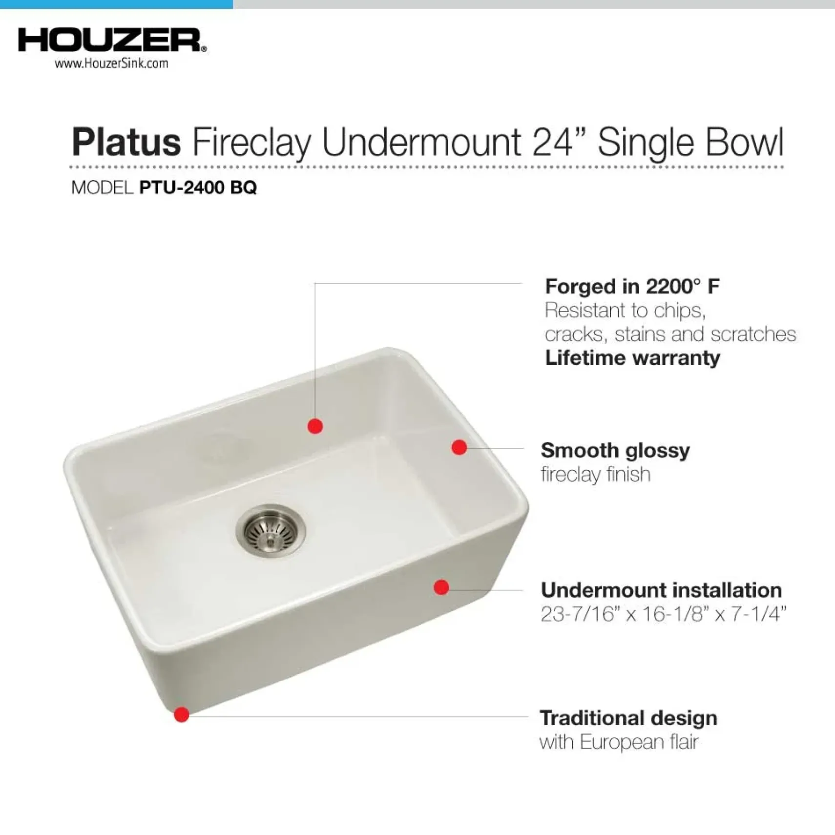 Houzer 23" Fireclay Undermount Single Bowl Kitchen Sink, Biscuit, Platus Series, PTU-2400 BQ