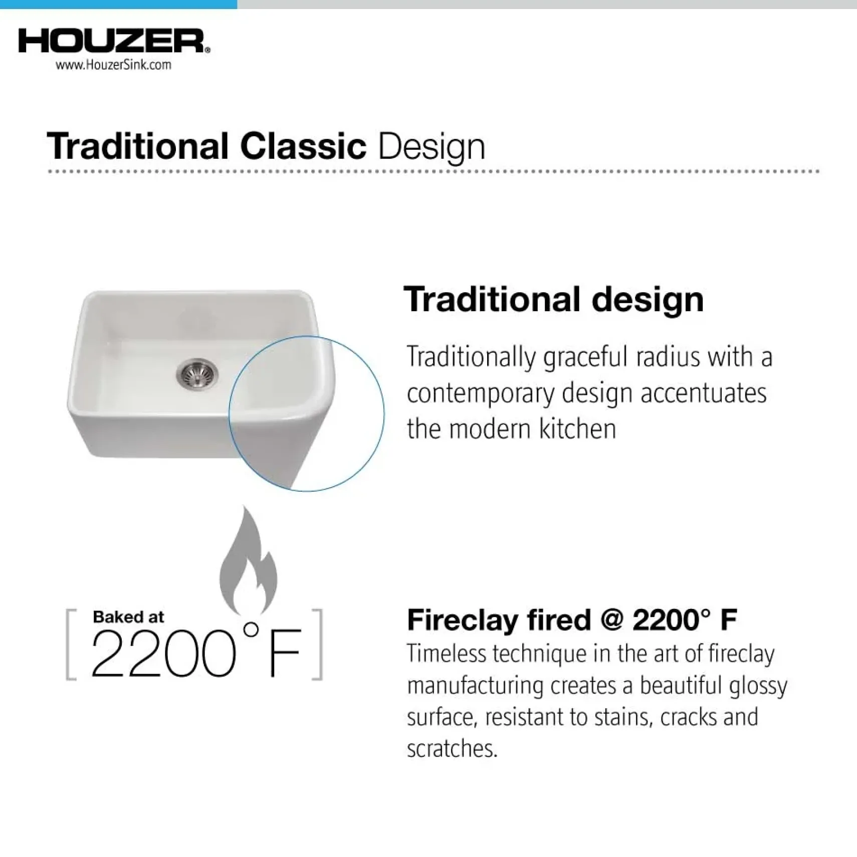 Houzer 23" Fireclay Undermount Single Bowl Kitchen Sink, Biscuit, Platus Series, PTU-2400 BQ