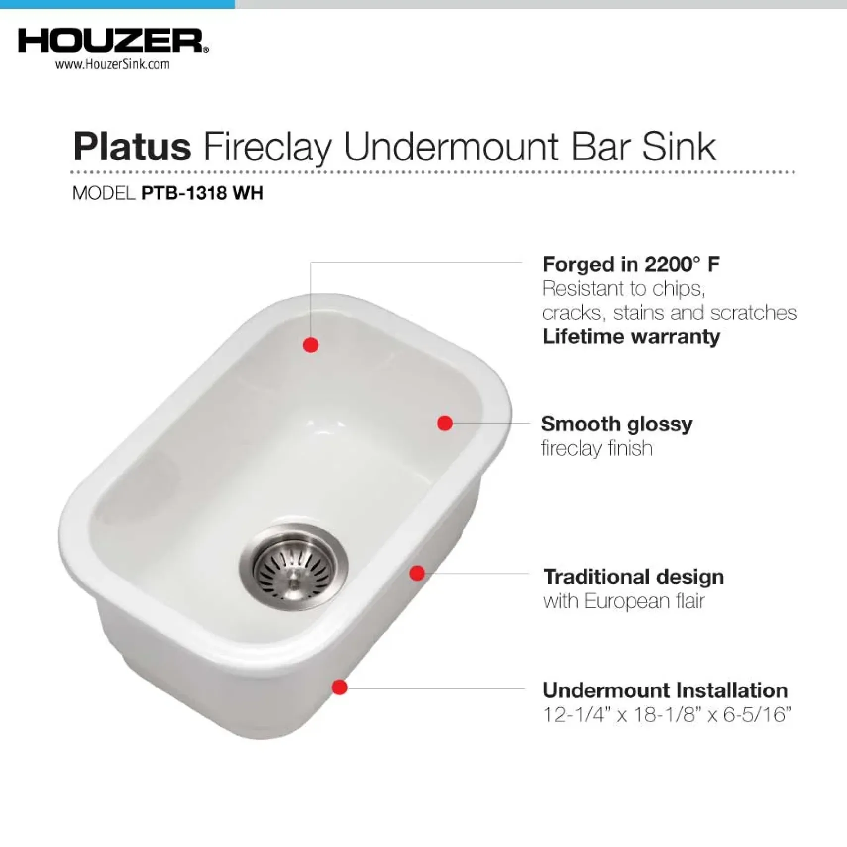 Houzer 12" Fireclay Undermount Bar Sink, White, Platus Series, PTB-1318 WH