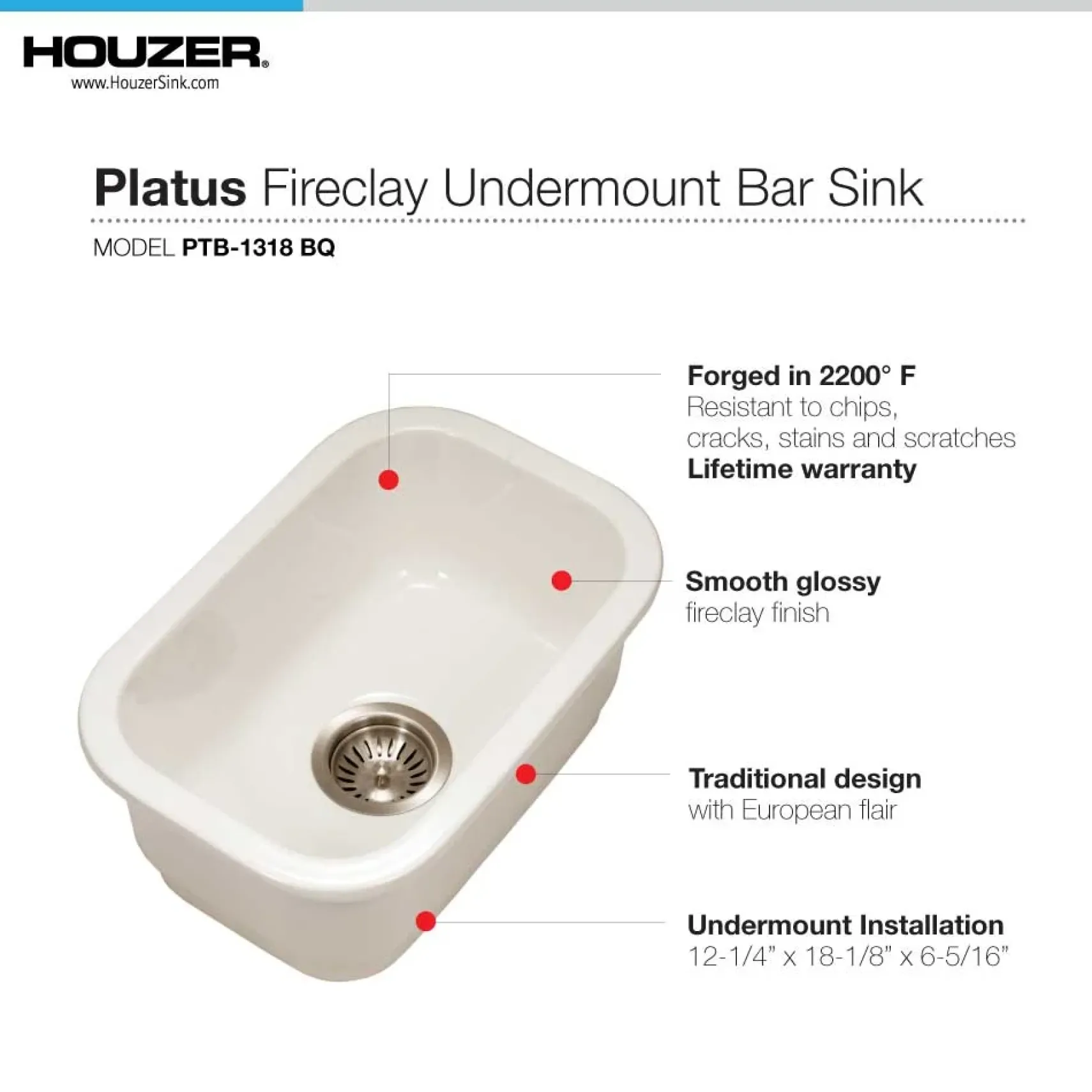 Houzer 12" Fireclay Undermount Bar Sink, Biscuit, Platus Series, PTB-1318 BQ