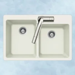 Houzer 33" Granite Topmount 60/40 Double Bowl Kitchen Sink, White, M-175 CLOUD