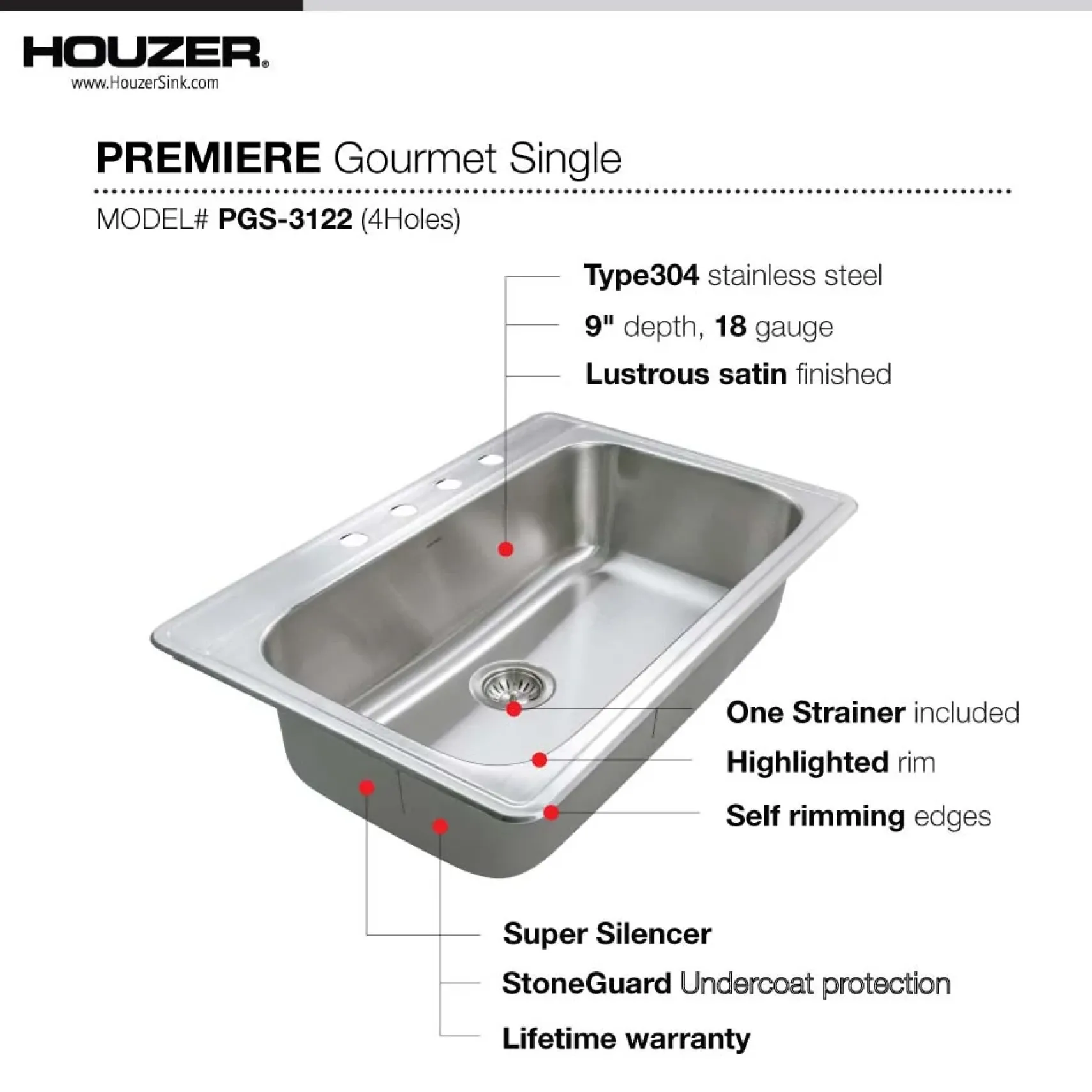 Houzer 33" Stainless Steel Topmount Large Single Bowl Kitchen Sink, 18 Gauge, PGS-3122-4-1