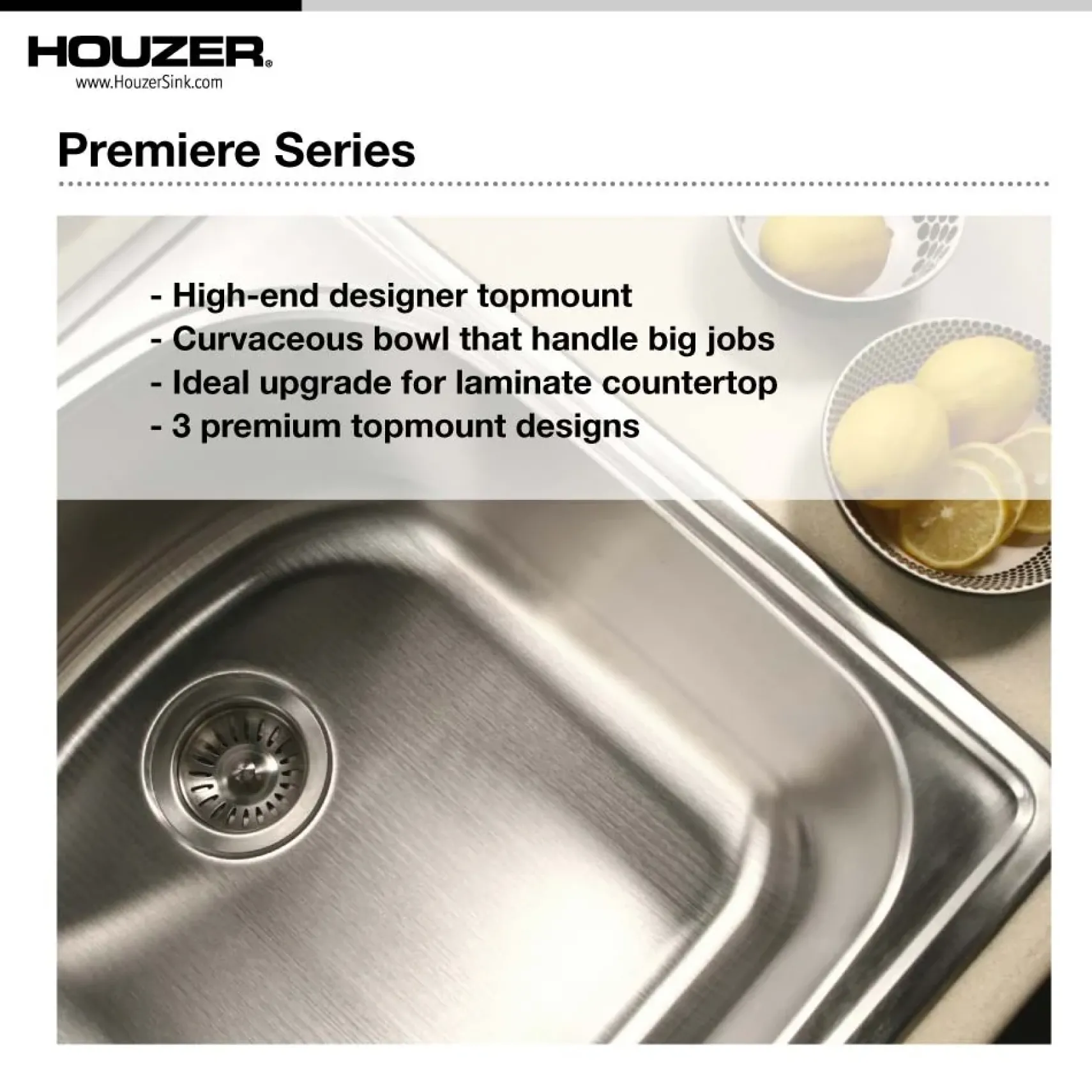 Houzer 33" Stainless Steel Topmount Large Single Bowl Kitchen Sink, 18 Gauge, PGS-3122-4-1
