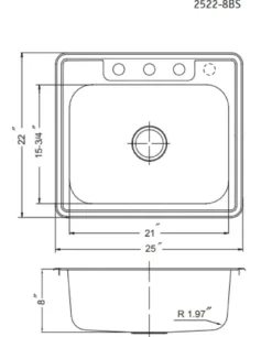 Houzer 25" Stainless Steel Topmount Single Bowl Kitchen Sink, 20 Gauge, 2522-8BS4-1