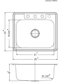Houzer 25" Stainless Steel Topmount Single Bowl Kitchen Sink, 18 Gauge, 2522-9BS3-1
