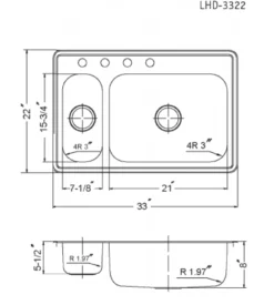 Houzer 33" Stainless Steel Topmount 80/20 Double Bowl Kitchen Sink, 20 Gauge, LHD-3322-1