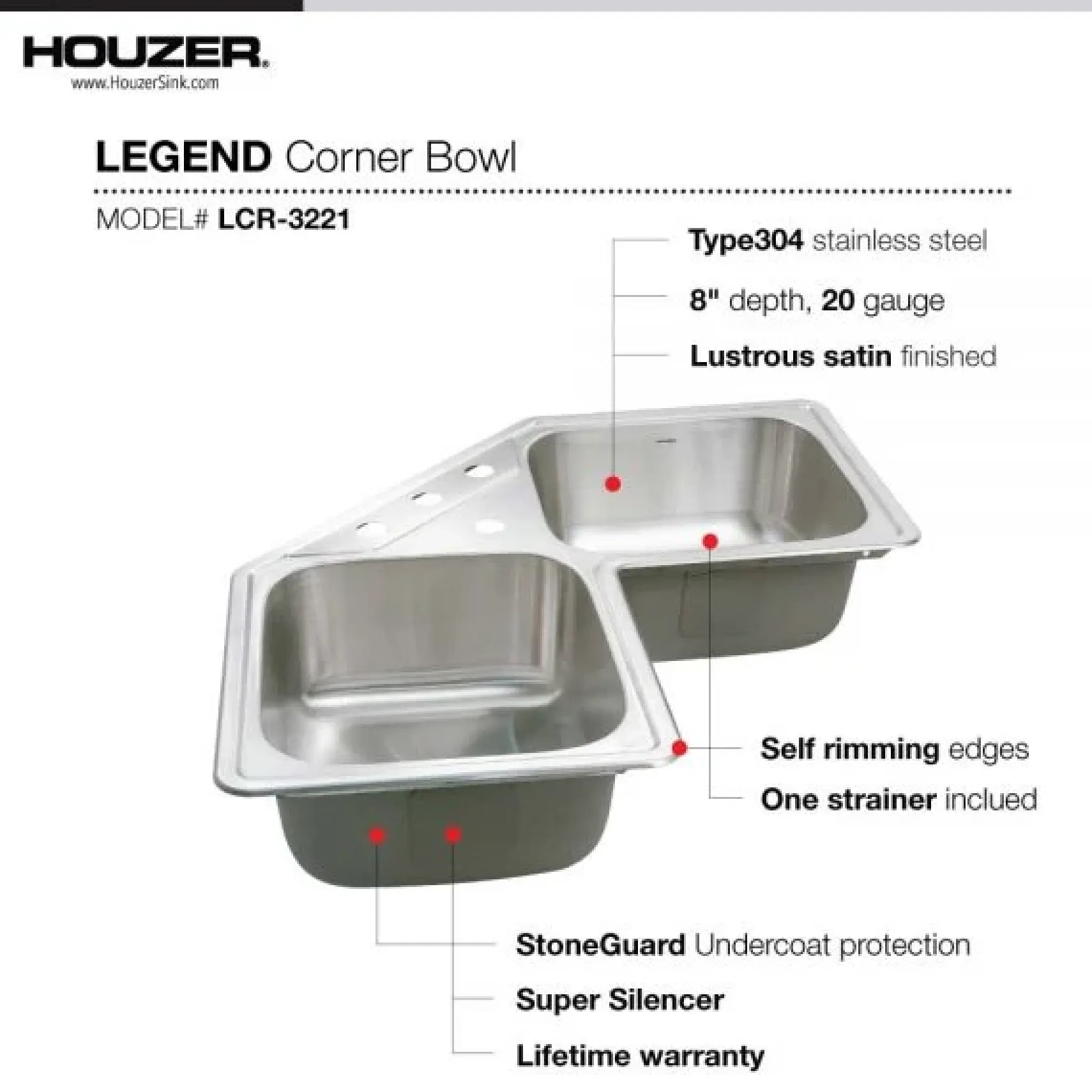 Houzer 32" Stainless Steel Topmount Legend Corner Bowl Kitchen Sink, 20 Gauge, LCR-3221-1