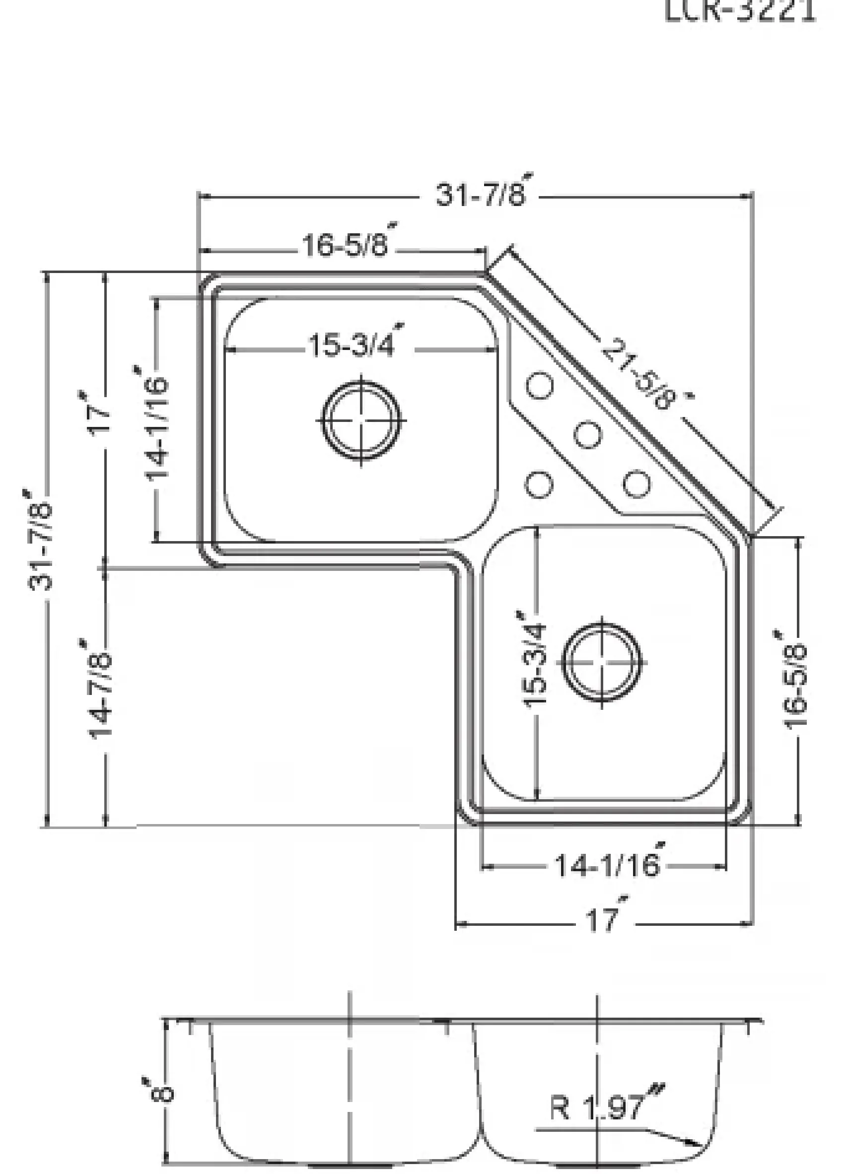 Houzer 32" Stainless Steel Topmount Legend Corner Bowl Kitchen Sink, 20 Gauge, LCR-3221-1