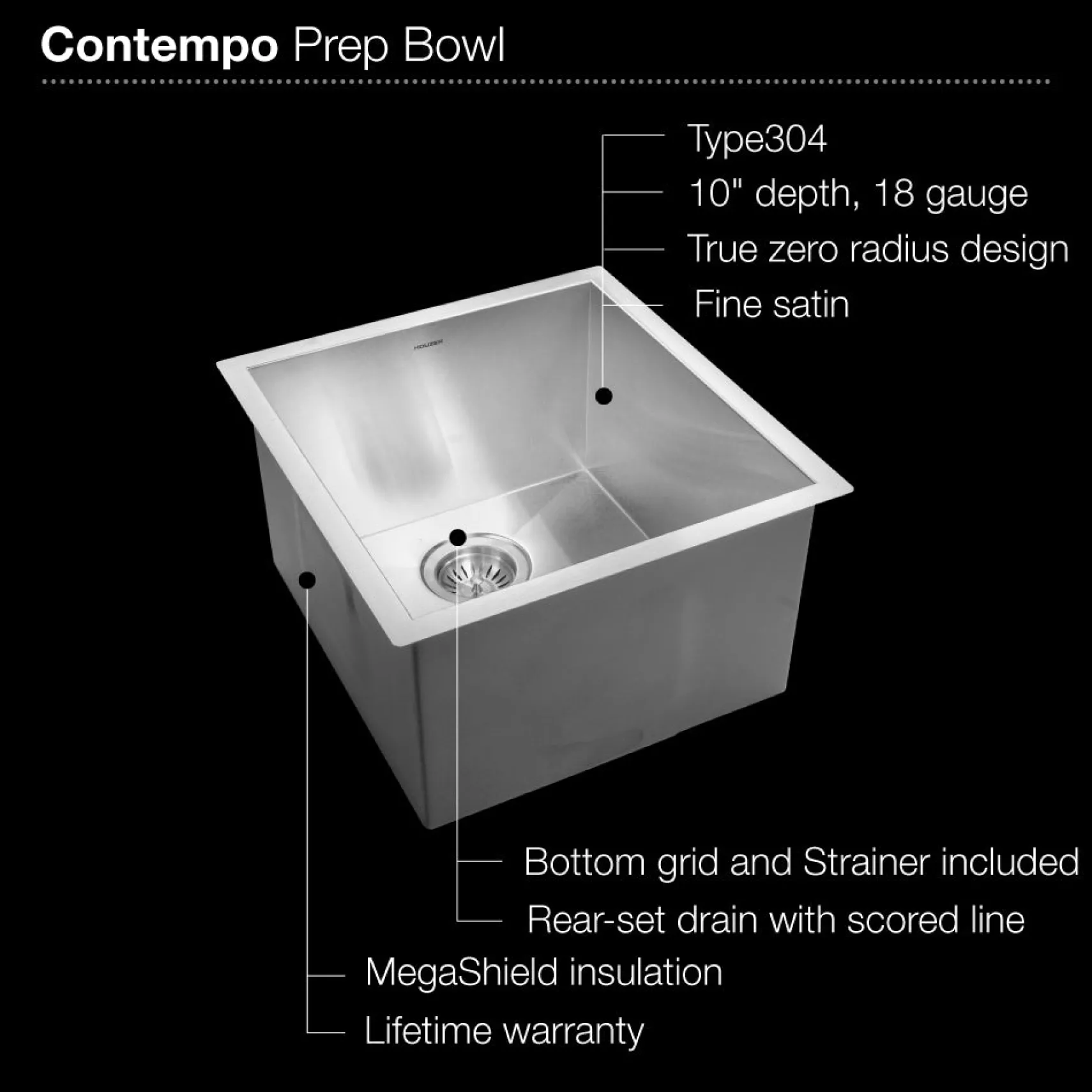 Houzer 17" Stainless Steel Undermount Zero Radius Prep Sink Bar Sink, CTR-1700