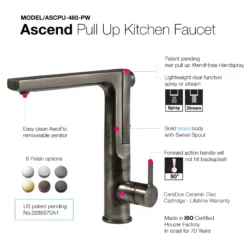 Houzer Ascend 1.75 GPM Lever Brass Kitchen Faucet, Pull Up, Pewter, ASCPU-460-PW