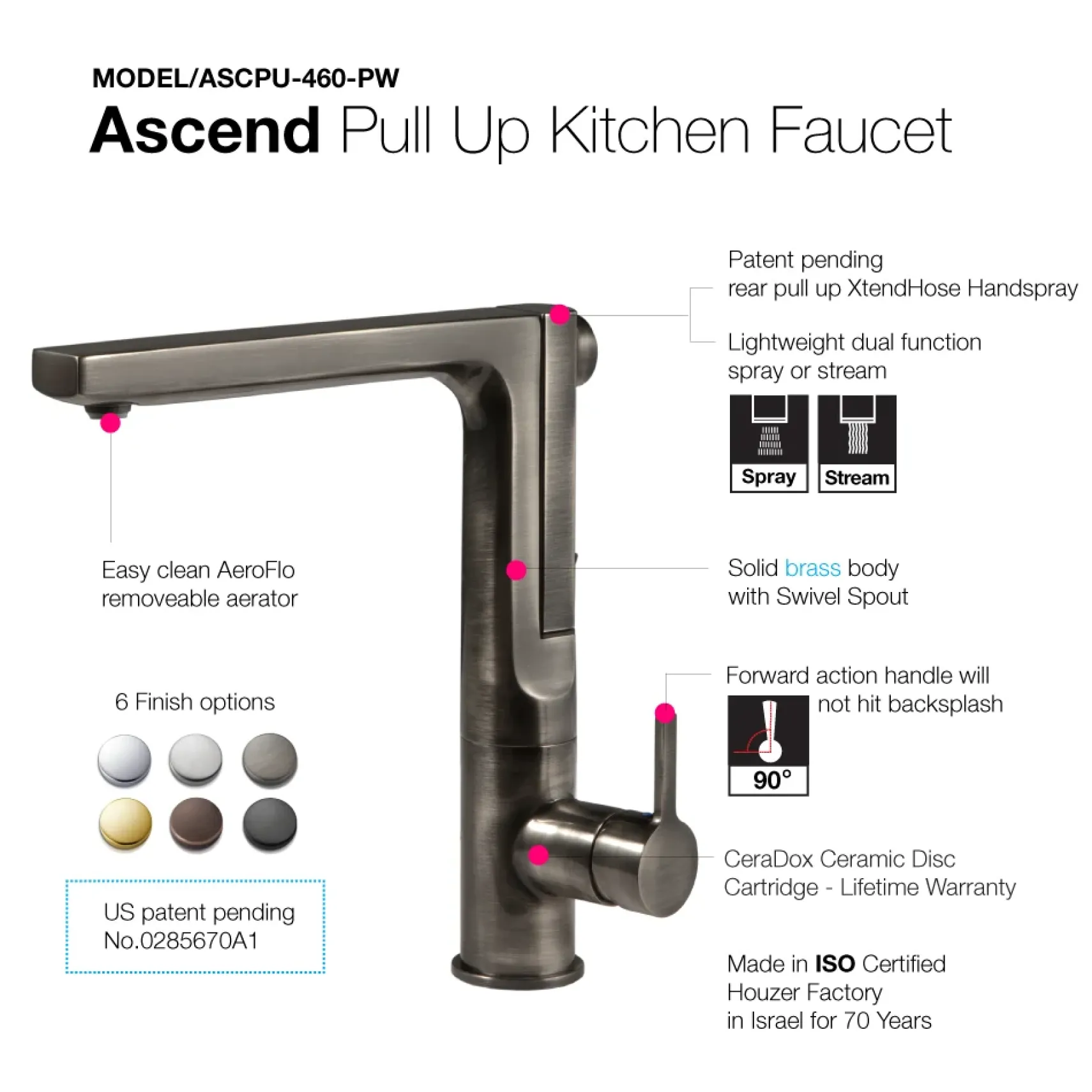 Houzer Ascend 1.75 GPM Lever Brass Kitchen Faucet, Pull Up, Pewter, ASCPU-460-PW