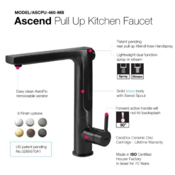 Houzer Ascend 1.75 GPM Lever Brass Kitchen Faucet, Pull Up, Matte Black, ASCPU-460-MB