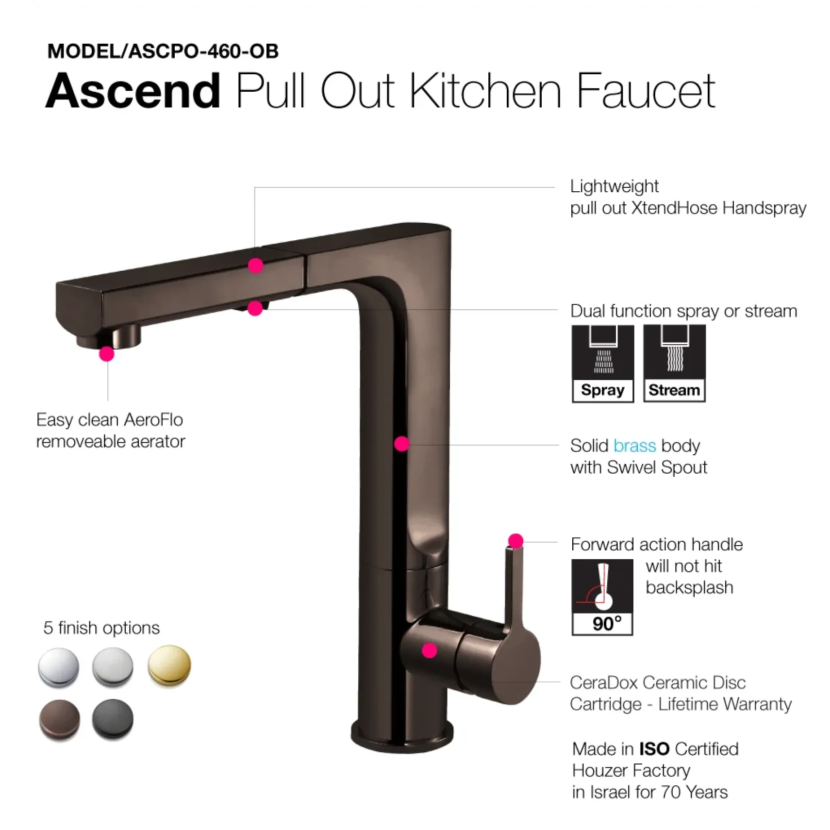 Houzer Ascend Pull Out Kitchen Faucet Oil Rubbed Bronze, ASCPO-460-OB