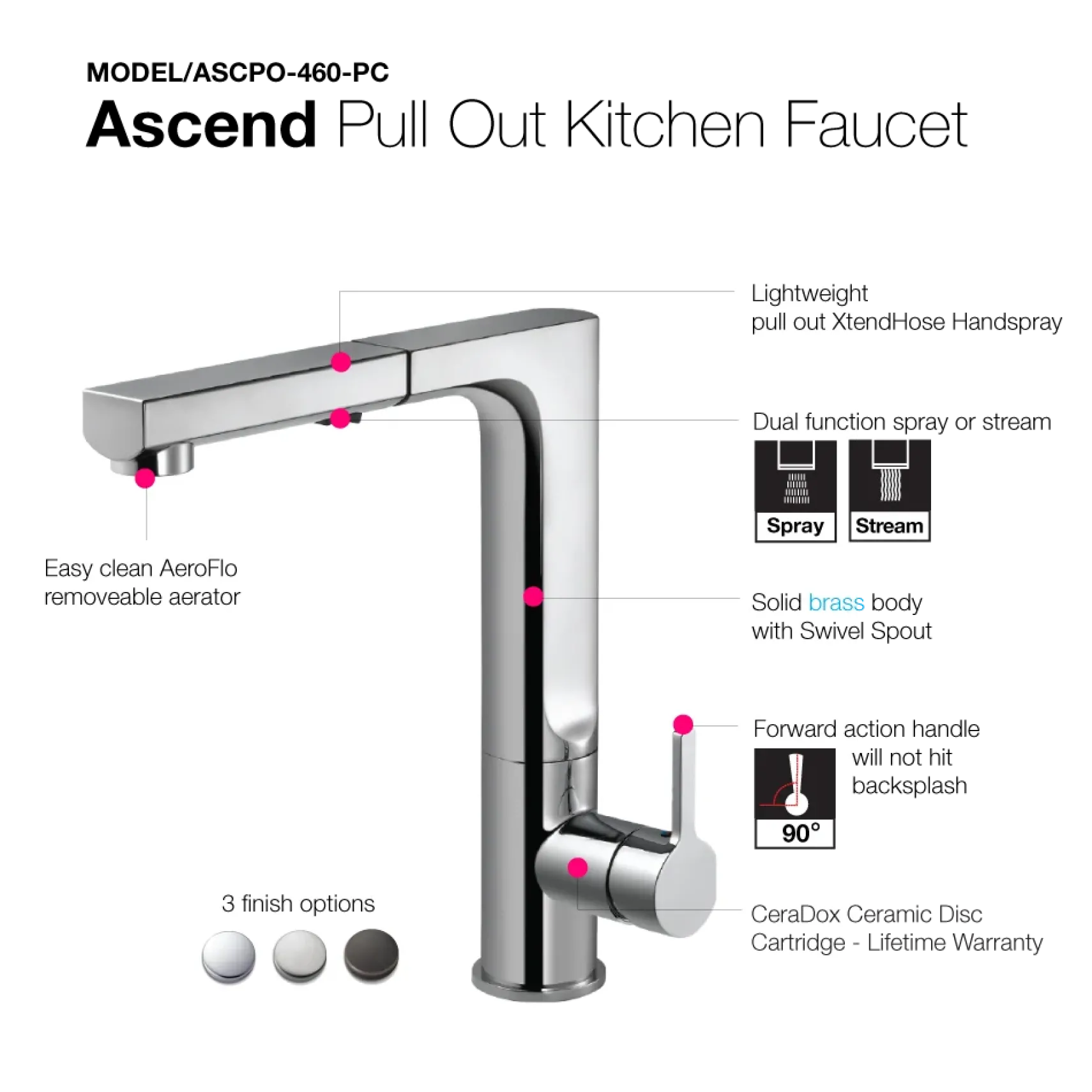 Houzer Ascend Pull Out Kitchen Faucet with CeraDox Technology Polished Chrome, ASCPO-460-PC