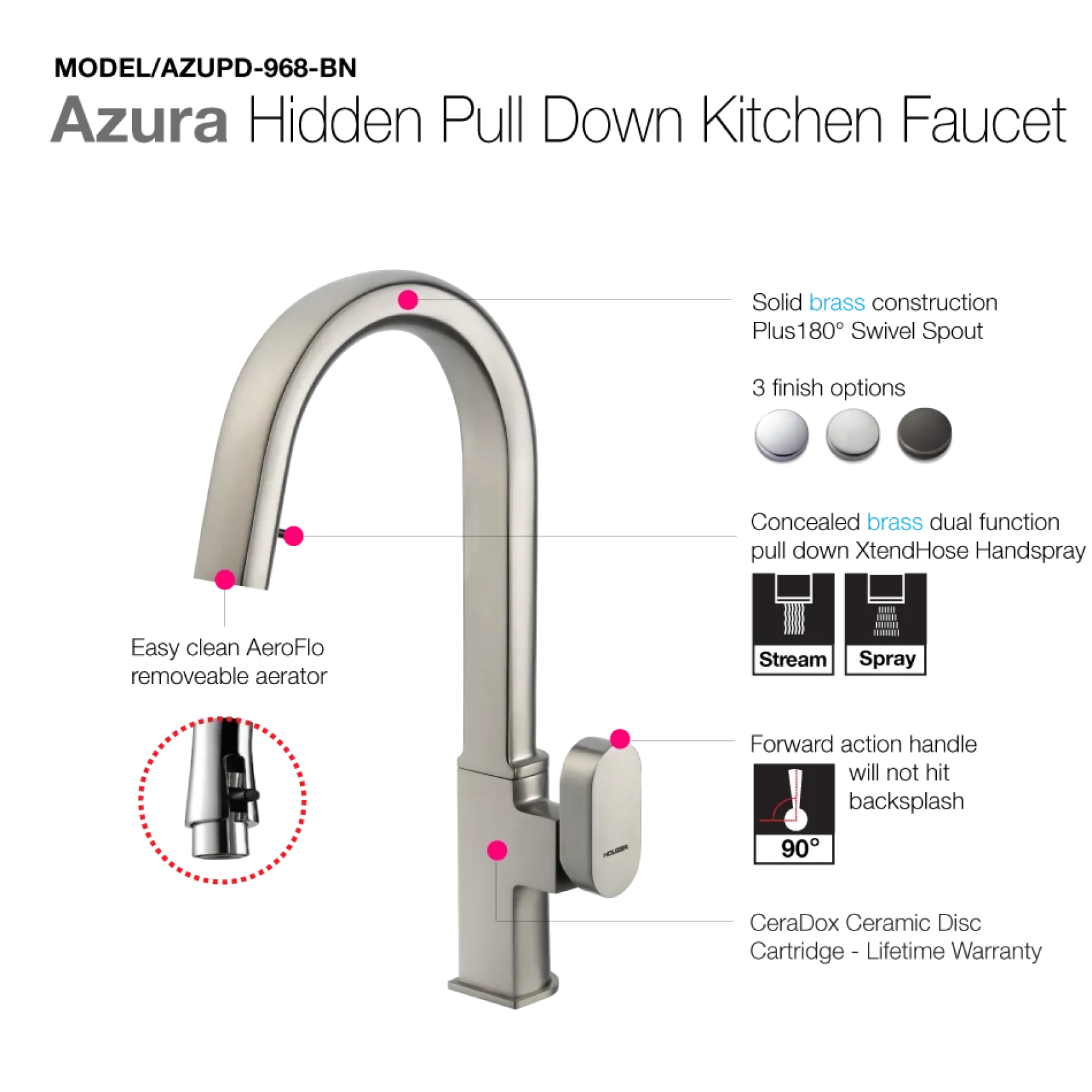 Houzer Azura Hidden Pull Down Kitchen Faucet Brushed Nickel, AZUPD-968-BN