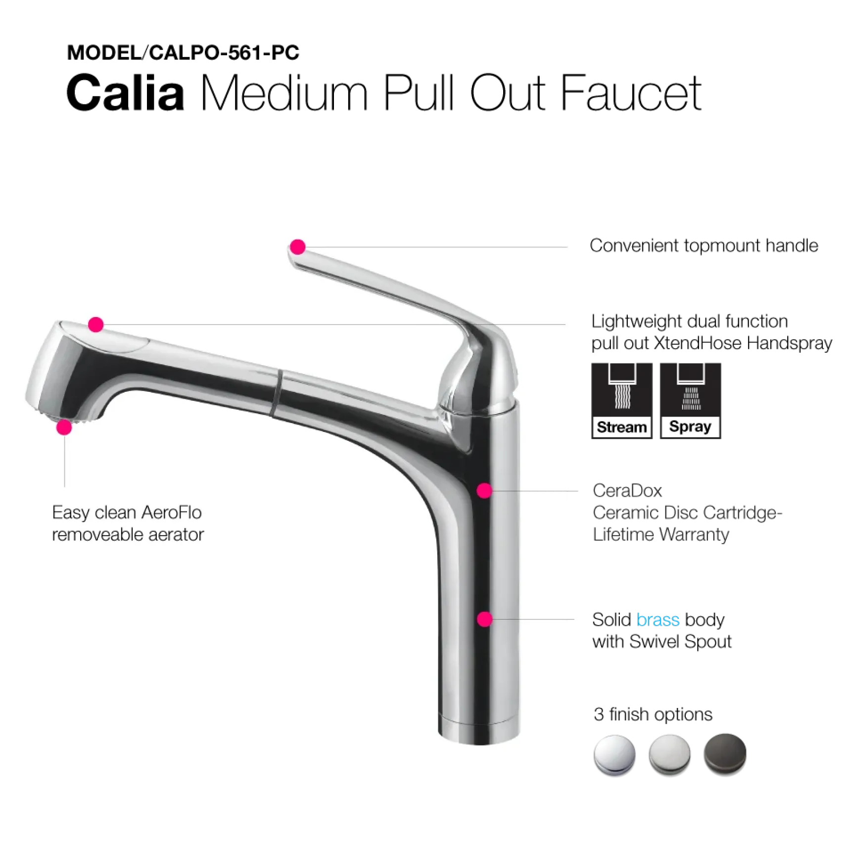 Houzer Calia Pull Out Kitchen Faucet with CeraDox Technology Polished Chrome, CALPO-561-PC