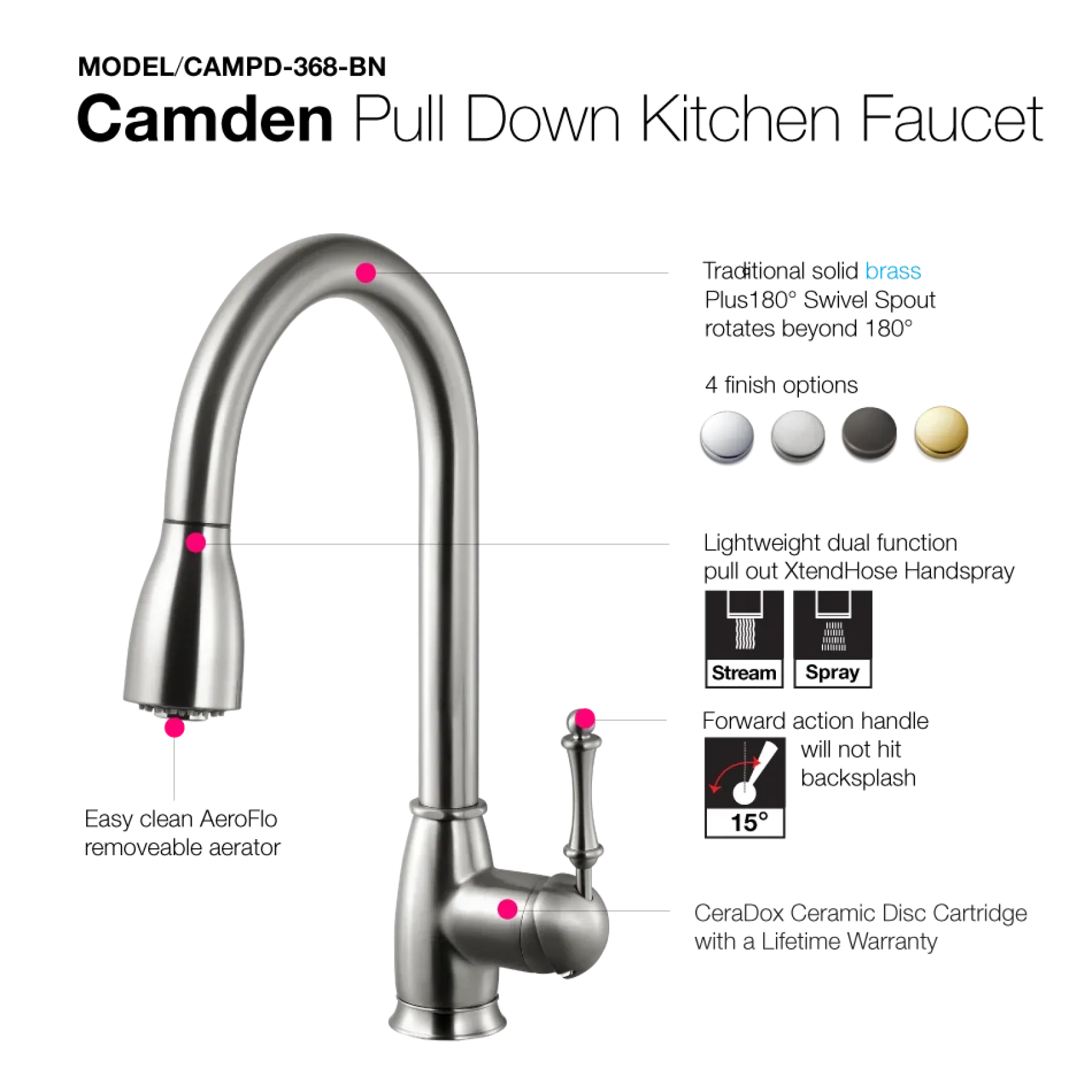 Houzer Camden Pull Down Kitchen Faucet Brushed Nickel, CAMPD-368-BN