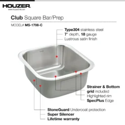 Houzer Club 17 inch Stainless Steel Undermount Single Bowl 8 inch Deep Bar Sink with Strainer & Grid - 18 Gauge, MS-1708-C