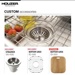 Houzer Club 17 inch Stainless Steel Undermount Single Bowl 8 inch Deep Bar Sink with Strainer & Grid - 18 Gauge, MS-1708-C