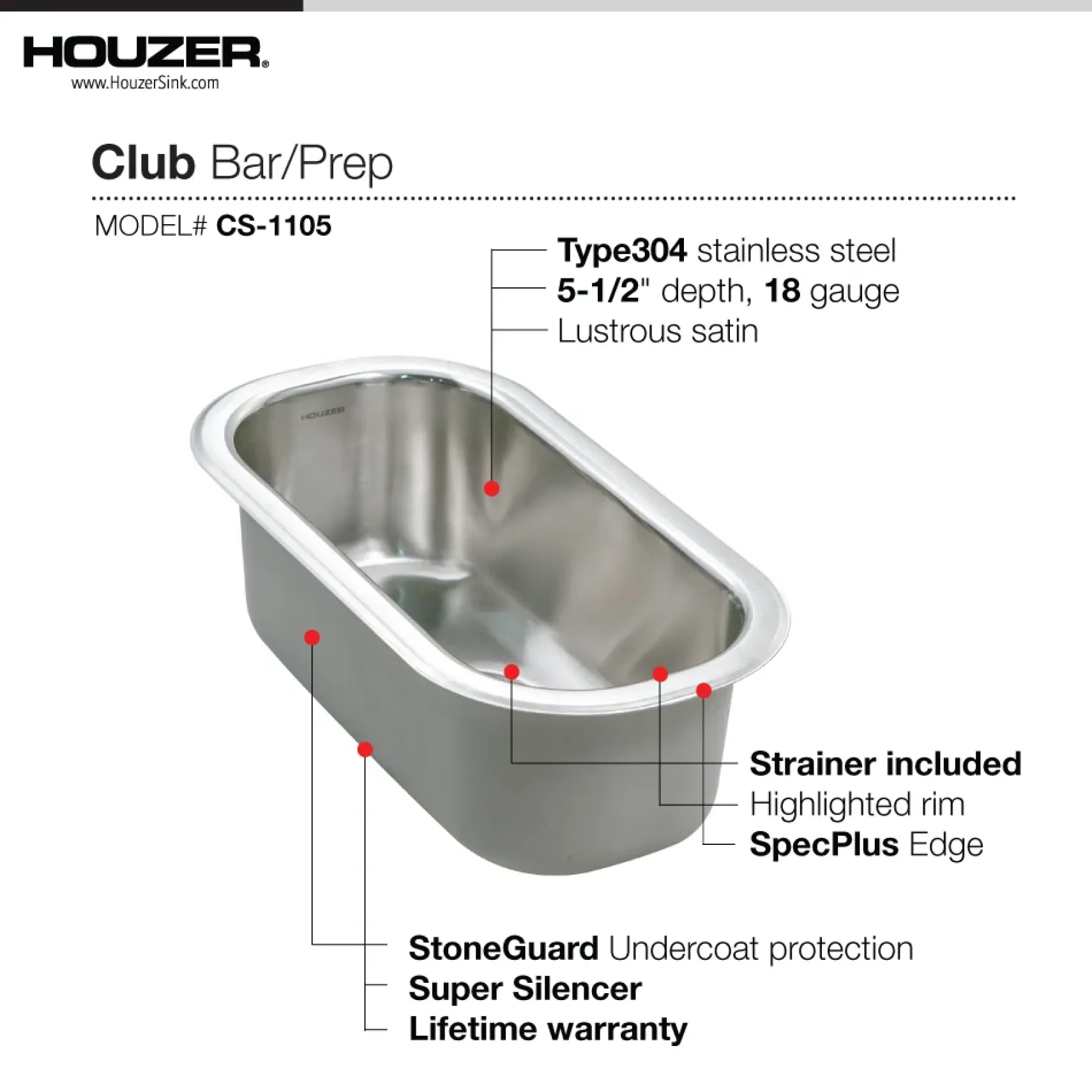 Houzer Club 10 inch Stainless Steel Undermount Bar Sink with Strainer & Grid - 18 Gauge, CS-1105-C