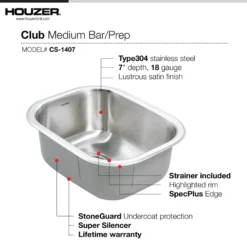 Houzer Club 14 inch Stainless Steel Undermount Medium Bowl Bar Sink with Strainer & Grid - 18 Gauge, CS-1407-C
