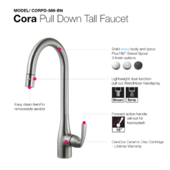 Houzer Cora Pull Down Kitchen Faucet Brushed Nickel, CORPD-569-BN