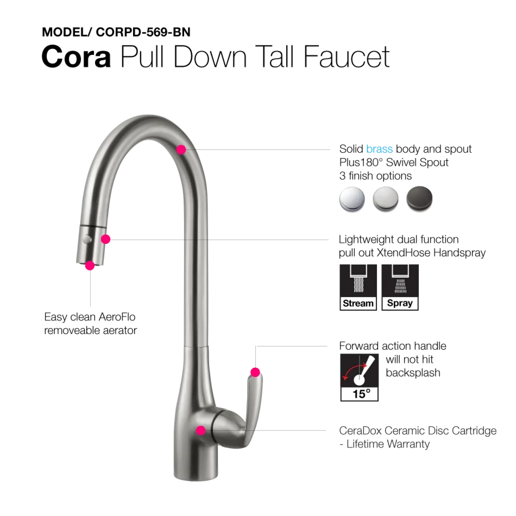 Houzer Cora Pull Down Kitchen Faucet Brushed Nickel, CORPD-569-BN